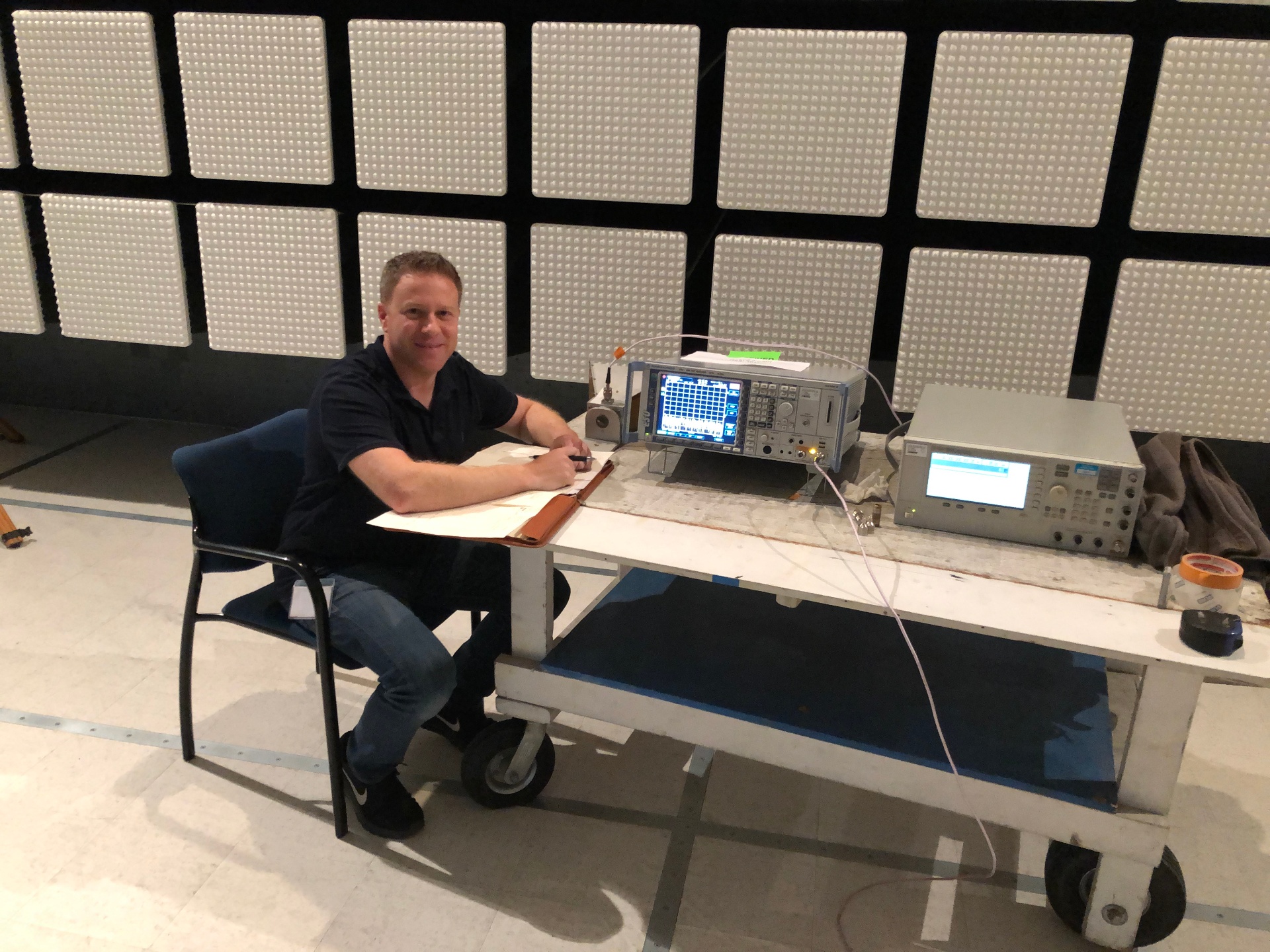 Founder during WaveBlock SafeWall™ testing at an FCC-accredited laboratory in the United States